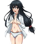  bangs black_hair blush collared_shirt dress_shirt eyebrows_visible_through_hair flat_chest hair_between_eyes hatsushimo_(kantai_collection) kantai_collection long_hair low-tied_long_hair navel no_bra open_clothes open_mouth open_shirt panties polka_dot polka_dot_panties red_eyes shirt simple_background solo standing stomach sweat tareme thighs unbuttoned unbuttoned_shirt underwear undressing very_long_hair white_background white_panties white_shirt wing_collar zanntetu 