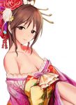  alternate_costume bare_shoulders breasts brown_eyes brown_hair cleavage commentary_request floral_print flower hair_flower hair_ornament hair_stick idolmaster idolmaster_cinderella_girls japanese_clothes kimono large_breasts long_hair looking_at_viewer mifune_miyu nannacy7 off_shoulder oiran solo 