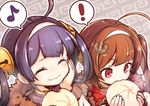  2girls ^_^ ahoge anchor_hair_ornament azur_lane bangs baozi blunt_bangs blush brown_hair closed_eyes eating eighth_note eyebrows_visible_through_hair food food_on_face fur_trim hair_ornament hair_rings hairband holding holding_food multiple_girls musical_note ning_hai_(azur_lane) ping_hai_(azur_lane) purple_hair red_eyes smile speech_bubble spoken_exclamation_mark spoken_musical_note steam tareme twintails upper_body wavy_mouth white_hairband yuki_shiro 