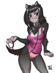  black_hair breasts brown_eyes canine cleavage clothed clothing collar dalehan dog female fur hair leash mammal panties pink_panties shirt solo tank_top underwear 