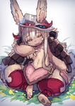  animal_ears ears_through_headwear fangs furry hat helmet highres looking_at_viewer made_in_abyss nanachi_(made_in_abyss) sitting solo whiskers white_hair window1228 yellow_eyes 