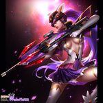  alternate_costume black_neckwear breasts capelet center_opening character_name choker cleavage elbow_gloves gloves gun head_mounted_display holding holding_gun holding_weapon large_breasts liang_xing long_hair magical_girl mahou_shoujo_madoka_magica overwatch patreon_username ponytail purple_hair rifle skirt solo star star_(sky) starry_background thighhighs watermark weapon web_address white_gloves white_legwear widowmaker_(overwatch) yellow_eyes 