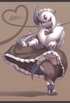 &lt;3 2017 absol absurd_res artist_name black_bow black_clothing black_dress blush bow bow_panties brown_background claws clothed clothing clothing_lift dated dress feet female full_body hair half-closed_eyes hi_res horn legwear long_hair looking_at_viewer maid_headdress maid_uniform nintendo panties pink_panties pok&eacute;mon pok&eacute;mon_(species) red_eyes signature simple_background skirt skirt_lift smile solo standing standing_on_one_leg striped_panties text thigh_highs underwear uniform video_games white_hair zinfyu 