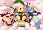  bayleef blush clothed clothing croconaw female legwear maid_uniform nintendo panties pok&eacute;mon pok&eacute;mon_(species) quilava red_eyes stockings underwear uniform vcrow_shuu video_games 