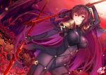  armor bodysuit breasts fate/grand_order fate_(series) flowers headdress long_hair okitakung purple_hair red_eyes scathach_(fate/grand_order) signed skintight sky spear tree weapon 