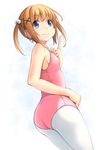  ass blue_eyes brown_hair cowboy_shot gymnast_leotard highres index_finger_raised leotard original pantyhose pink_leotard shibacha short_hair simple_background smile solo twintails white_background white_legwear 