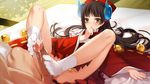  1boy 1girl bell blush brown_hair cum decensored eiyuu_senki ejaculation erection eyebrows_visible_through_hair feet footjob game_cg hetero himiko_(eiyuu_senki) japanese_clothes jingle_bell legs long_hair long_legs lying miko no_panties no_shoes on_back ooyari_ashito penis photoshop socks solo_focus tabi tenco thighs toes veins veiny_penis yellow_eyes 