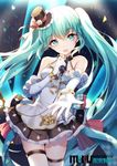  bison_cangshu elbow_gloves gloves hat hatsune_miku long_hair microphone mini_hat mini_top_hat open_mouth outstretched_arm skirt solo thighhighs top_hat twintails very_long_hair vocaloid 