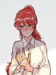  arm_holding blush breast_grab chuu commentary grabbing green_eyes guided_breast_grab hand_on_another's_arm out_of_frame pov pov_hands pyrrha_nikos red_hair rwby shirt solo_focus white_shirt 