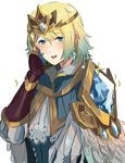  absurdres blonde_hair blue_eyes blue_hair crown earrings feather_trim fire_emblem fire_emblem_heroes fjorm_(fire_emblem_heroes) gradient gradient_hair highres jewelry looking_at_viewer multicolored_hair ormille short_hair simple_background smile white_background 