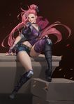  :d alternate_costume alternate_hair_color belt belt_boots black_footwear boots breasts cannon choker cleavage denim denim_shorts fingerless_gloves full_body gloves green_eyes hair_bun hair_ornament hairclip highres jinx_(league_of_legends) knee_boots kurasamerukia league_of_legends long_hair looking_to_the_side medium_breasts midriff navel open_mouth pink_hair ponytail short_shorts shorts sitting slayer_jinx smile smirk solo very_long_hair weapon 