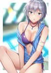  :o anastasia_(idolmaster) armband bad_id bad_pixiv_id bangs bare_shoulders between_legs bikini bikini_under_clothes blue_eyes blue_vest blurry blurry_background blush breasts cleavage collarbone commentary_request eyebrows_visible_through_hair eyelashes grey_hair hair_between_eyes hand_between_legs idolmaster idolmaster_cinderella_girls indoors jewelry knee_up looking_at_viewer medium_breasts navel necklace off_shoulder open_clothes open_mouth open_vest parted_lips pendant pool purple_bikini rei_no_pool short_hair side-tie_bikini silver_hair sitting solo swimsuit thighs tsurime umihotaru_harumare vest water zipper zipper_pull_tab 