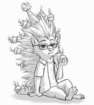  2017 anthro candle claws clothed clothing cupcake disney eating eyewear fan_character food fuel_(artist) glasses greyscale hat male mammal monochrome party_hat porcupine rodent simple_background sitting solo white_background zootopia 