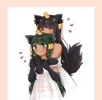  animal_ears anubis_(monster_girl_encyclopedia) bare_shoulders black_hair blue_eyes blush border closed_eyes commentary dark_skin dress eyebrows_visible_through_hair green_hair hair_ornament height_difference highres hug hug_from_behind looking_at_viewer mei_kins monster_girl monster_girl_encyclopedia multiple_girls parted_lips paws pink_border short_sleeves smile snake_hair_ornament standing tail twitter_username white_background white_dress wolf_ears wolf_tail 