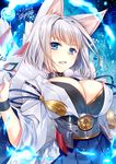 animal_ears armor azur_lane blue_eyes breasts choker cleavage dated fox_ears fox_mask fox_tail japanese_clothes kaga_(azur_lane) large_breasts long_sleeves looking_at_viewer mask multiple_tails parted_lips ryuuga_shou short_hair signature solo tail white_hair wide_sleeves wristband 