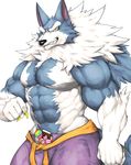  2017 abs anthro biceps big_muscles blue_fur candy canine captainjohkid claws clothing darkstalkers flakjacket0204 food fur jon_talbain male mammal muscular pecs simple_background standing teeth video_games were werewolf white_fur wolf yellow_eyes 