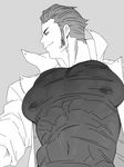  abs garo:vanishing_line garo_(series) greyscale highres mabataki male_focus monochrome muscle navel nipples pectorals popped_collar see-through sideburns skin_tight solo sword_(garo) upper_body 