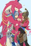  3boys armor blonde_hair blush boy_sandwich brother_and_sister closed_eyes dual_persona fish_girl gloves group_hug hair_ornament hat highres hug jewelry kandori_makoto link long_hair mipha monster_boy multiple_boys pointy_ears red_hair sandwiched siblings sidon smile the_legend_of_zelda the_legend_of_zelda:_breath_of_the_wild yellow_eyes zora 