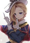 ascot asymmetrical_hair azur_lane blonde_hair blue_eyes chain commentary earrings eyebrows_visible_through_hair fur_collar glove_pull gloves hair_over_shoulder hat highres hood_(azur_lane) jewelry long_hair long_sleeves looking_at_viewer parted_lips solo toyosaki_shu union_jack white_gloves 