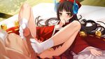  1boy 1girl bell blush brown_hair decensored eiyuu_senki erection eyebrows_visible_through_hair feet footjob game_cg hetero himiko_(eiyuu_senki) japanese_clothes jingle_bell legs long_hair long_legs lying miko no_panties no_shoes on_back ooyari_ashito penis photoshop socks solo_focus tabi tenco thighs toes veins veiny_penis yellow_eyes 