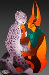  2017 alien aliena-cordis ambiguous_gender anthro arm_grab balls blush breasts butt chastity_cage cum digital_media_(artwork) duo feline firaya green_skin handjob humanoid interspecies jovian leopard looking_away looking_pleasured male male/ambiguous mammal multicolored_skin nude on_lap orange_skin pawpads penis pink_pawpads precum sex simple_background sitting_on_lap snow_leopard 