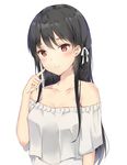  adore_(adoredesu) bangs bare_shoulders black_hair blouse blush braid closed_mouth collarbone commentary eyebrows_visible_through_hair hair_ribbon half-closed_eyes highres horikita_suzune index_finger_raised long_hair looking_at_viewer off_shoulder red_eyes ribbon side_braid simple_background smile solo tsurime upper_body white_background white_blouse white_ribbon youkoso_jitsuryoku_shijou_shugi_no_kyoushitsu_e 