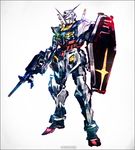  border full_body grey_background gun gundam holding holding_gun holding_shield holding_weapon kei-suwabe mecha no_humans rx-78-2 shield solo standing twitter_username weapon 