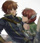  blush brother_and_sister cape dress elbow_gloves fire_emblem fire_emblem:_rekka_no_ken gloves green_eyes kometubu0712 looking_at_viewer priscilla_(fire_emblem) raven_(fire_emblem) red_eyes red_hair short_hair siblings smile 