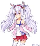  animal_ears artist_name azur_lane blush breasts bunny_ears cleavage eyebrows_visible_through_hair fake_animal_ears grey_hair hairband highres laffey_(azur_lane) long_hair looking_at_viewer nan0teck parted_lips red_eyes red_skirt skirt sleeves_past_wrists small_breasts solo thighhighs twintails twitter_username white_legwear 
