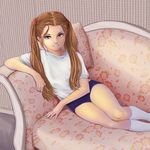  blue_shorts brown_hair couch floral_print gekkou_(geccomajin) grey_eyes gym_uniform indoors light_smile looking_at_viewer on_couch pillow shirt shorts sitting socks t-shirt twintails white_legwear white_shirt 