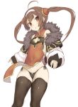  ahoge azur_lane black_legwear black_panties breasts brown_eyes brown_hair cameltoe chestnut_mouth cleavage_cutout cowboy_shot fur-trimmed_jacket fur_collar fur_trim goekawa hair_ornament hairband hairpods highres jacket long_hair long_sleeves looking_at_viewer panties pelvic_curtain ping_hai_(azur_lane) side-tie_panties simple_background small_breasts solo thighhighs twintails underwear white_background 