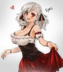  :d bangle bangs bare_shoulders blush bracelet breasts character_name cleavage collarbone corset detached_sleeves dirndl eyebrows_visible_through_hair frills german_clothes girls_frontline grey_background hair_ribbon heart jewelry large_breasts long_hair looking_at_viewer open_mouth red_eyes red_ribbon red_skirt ribbon short_sleeves silver_hair simple_background sketch skirt smile snowru solo spas-12_(girls_frontline) tareme upper_body 