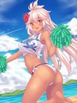  ahoge ass barefoot bikini blue_sky cloud condensation_trail covered_nipples cowboy_shot dark_skin day eyebrows_visible_through_hair fast-runner-2024 flower granblue_fantasy hibiscus highres leg_up looking_at_viewer mountain open_mouth orange_eyes outdoors pom_poms round_teeth shirt sky sleeveless solo swimsuit swimsuit_under_clothes tan teeth tied_shirt twisted_torso white_bikini white_hair zooey_(granblue_fantasy) 