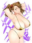  10s 1girl armpits arms_behind_head arms_up bikini breasts brown_eyes brown_hair cleavage erect_nipples female gold_bikini gundam gundam_build_fighters gundam_build_fighters_try huge_breasts long_hair looking_at_viewer plump sazaki_kaoruko shoumaru_(gadget_box) smile solo swimsuit twintails 