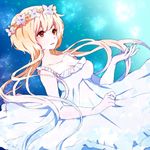  bangs bare_arms blonde_hair blue_background blue_dress breasts brown_eyes cleavage commission copyright_request dress dutch_angle head_wreath large_breasts long_hair parted_lips peachpii solo upper_body very_long_hair 