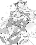 armor blush breasts camilla_(fire_emblem_if) cape cleavage closed_eyes commentary female_my_unit_(fire_emblem_if) fire_emblem fire_emblem_if gebyy-terar gloves greyscale hair_over_one_eye hairband hug large_breasts lips long_hair mamkute monochrome multiple_girls my_unit_(fire_emblem_if) one_eye_closed open_mouth pointy_ears smile tiara very_long_hair wavy_hair white_background yuri 