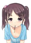  blue_shirt brown_eyes brown_hair clothes_writing downblouse flat_chest food jiji leaning_forward long_hair looking_at_viewer mouth_hold original pocky shirt smile solo t-shirt twintails upper_body 