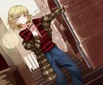  blonde_hair blue_pants casual commentary_request contemporary crepe food green_eyes highres holding holding_food looking_at_viewer mizuhashi_parsee off_shoulder pants plaid_jacket pointy_ears red_shirt shirt solo striped striped_shirt touhou winu_(hertrion) 