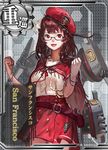  belt beret bracelet breasts flower glasses gun hair_flower hair_ornament handgun hat holster jeanex jewelry mecha_musume medium_breasts open_mouth pacific personification red_eyes red_hair revolver skirt smile solo turret uss_san_francisco_(ca-38) weapon 