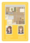  brown_eyes brown_hair character_profile layout_plan light_brown_eyes multiple_girls orange_background original satsuma_age short_hair translation_request younger 