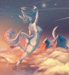  anthro big_breasts big_ears breasts canine cloud female fur hair mammal moon mountain nipples nude outside pawpads pink_pawpads punisa raised_arm ribbons side_boob sky solo star white_fur 