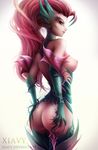  2017 breasts butt female flora_fauna hair humanoid league_of_legends looking_at_viewer looking_back mammal nipples not_furry plant red_hair riot_games side_boob simple_background solo thorns video_games xiavy yellow_eyes zyra_(lol) 