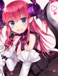  blue_eyes commentary detached_sleeves dragon_girl dragon_horns dragon_tail elizabeth_bathory_(fate) elizabeth_bathory_(fate)_(all) fate/extra fate/extra_ccc fate_(series) flat_chest highres holding horns long_hair looking_at_viewer maria_(maria0304) microphone music open_mouth pointy_ears red_hair singing solo tail tail_raised 