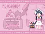 ahoge animal_ears artist_request bell black_hair blush boots capelet cat_ears cat_tail copyright_request fang fire long_sleeves open_mouth pink_background pot solo tail tail_bell wallpaper zoom_layer 