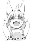  1other :3 bangs blunt_bangs blush catchphrase cheek_pinching disembodied_limb drooling embarrassed eyebrows_visible_through_hair fangs furry greyscale hands_up highres horizontal_pupils looking_at_viewer made_in_abyss monochrome nanachi_(made_in_abyss) open_mouth paws pinching simple_background solo_focus sweat sweatdrop sweating_profusely topless tuxedo_de_cat whiskers white_background 