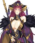  blush braid breasts cleavage collar detached_sleeves dress earrings feather_trim feathers fire_emblem fire_emblem_heroes hat highres holding holding_staff jewelry large_breasts lips loki_(fire_emblem_heroes) long_hair nail_polish ormille parted_lips ponytail purple_dress purple_eyes purple_hair purple_nails scepter shiny shiny_skin simple_background staff stud_earrings very_long_hair white_background 