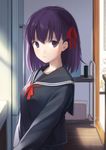  bangs black_serafuku breasts closed_mouth day eyebrows_visible_through_hair fate/stay_night fate_(series) from_side hair_ribbon hinoshita_akame indoors kitchen long_hair long_sleeves looking_at_viewer matou_sakura medium_breasts pleated_skirt purple_eyes purple_hair red_neckwear red_ribbon refrigerator ribbon school_uniform serafuku skirt solo sunlight upper_body wooden_floor 