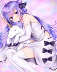  azur_lane black_bow black_ribbon blush bow closed_mouth commentary_request doll_hug dress elbow_gloves eyebrows_visible_through_hair gloves hair_bun hair_ribbon highres long_hair looking_at_viewer lying maria_(maria0304) purple_eyes purple_hair revision ribbon solo stuffed_unicorn thighhighs unicorn_(azur_lane) white_dress white_gloves white_legwear 