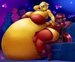  2017 anthro balls belly big_belly blush charlotte_(phurie) clothed clothing cum cum_inflation dickgirl duo_focus ear_piercing equine fan_character female fingerless_gloves gloves group hair horn hyper hyper_belly inflation intersex mammal my_little_pony phurie piercing sitting unicorn 