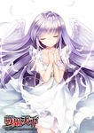  ahoge angel_wings bangs blush closed_eyes copyright_name cowboy_shot dress eyebrows_visible_through_hair facing_viewer feathered_wings hands_clasped interlocked_fingers long_hair mvv official_art own_hands_together parted_lips purple_hair simple_background solo watermark web_address white_background white_dress wings zhan_ji_tian_xia 